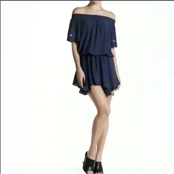 Ramy Brook Womens Jessica Off The Shoulder Mini Dress Size S Navy Asymmetric Hem - Picture 1 of 9
